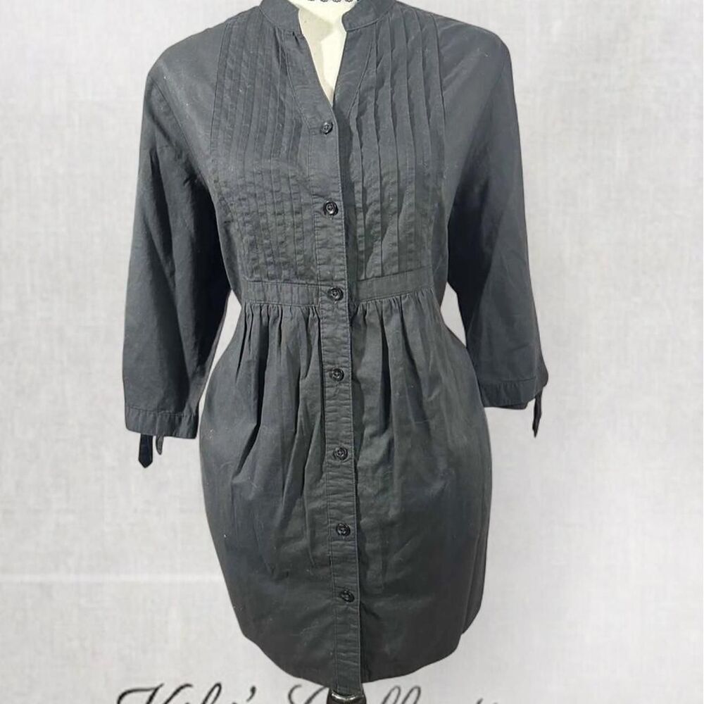 Goth Coquette Black Quarter Sleeve Vertical Pleated Button Up Blouse